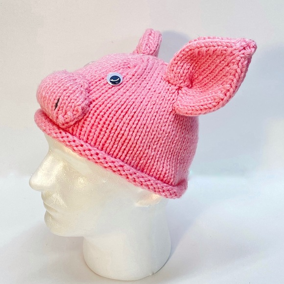 NWT Hand Knit Piggy Hat with Googly Eyes and Ears Size 6-10 Years - Picture 3 of 10